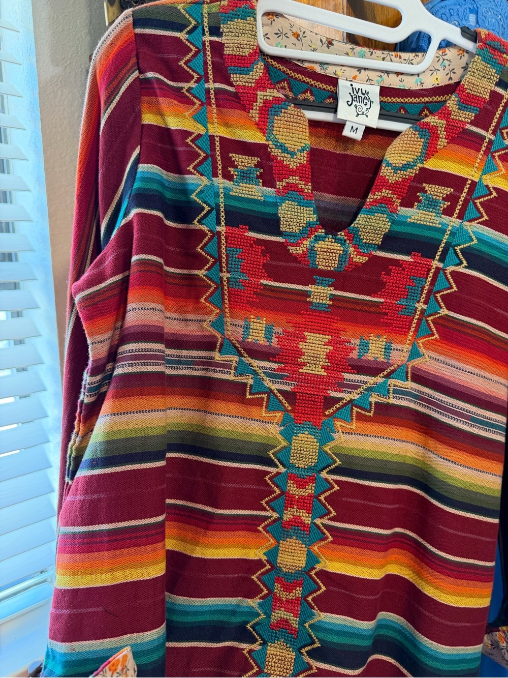 ivy jane Burgundy Multicolor Striped Embroidered V-Neck Tunic